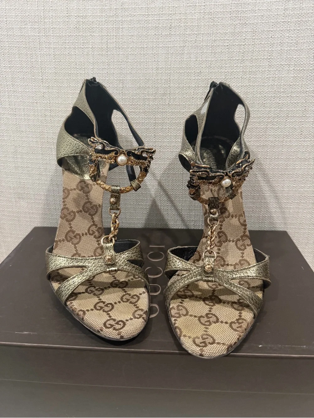 Gucci Tom Ford 2004 Dragon GG Monogram Heels Sandals 37C